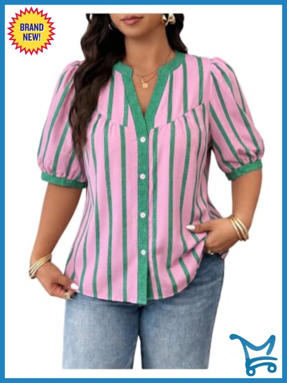 Plus Size Leopard Button Up Blouse Striped Notched V Neck Summer Top